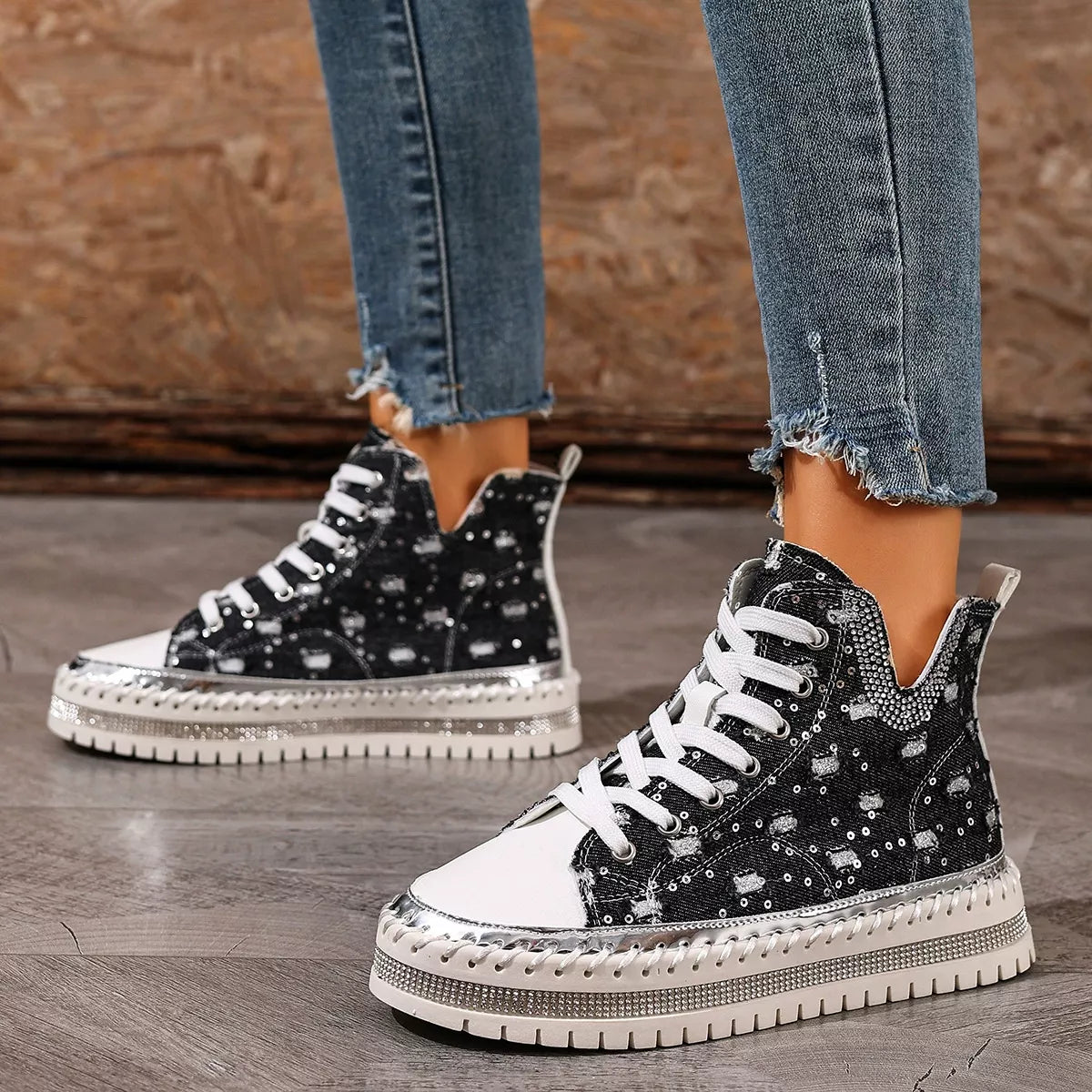 Sarah Express Women's Rhinestone Platform Sneakers Lace Up Canvas Shoes