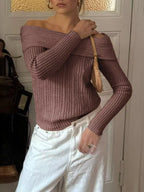 Sarah Express Women's Off-Shoulder Ribbed Knit Sweater Brown