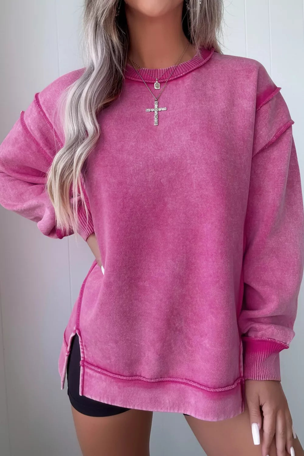 Sarah Express Women's Mineral Wash Exposed Seam Side Slit Sweatshirt Hot Pink