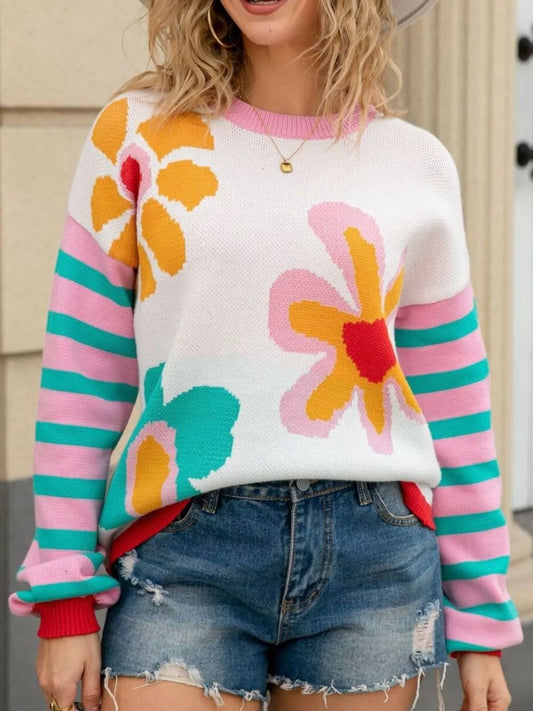 Sarah Express Women's Floral Striped Crew Neck Sweater - Acrylic Knit Pullover Top White