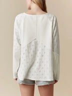 Sarah Express Women's Eyelet Embroidered Loose V Neck Long Sleeve Top