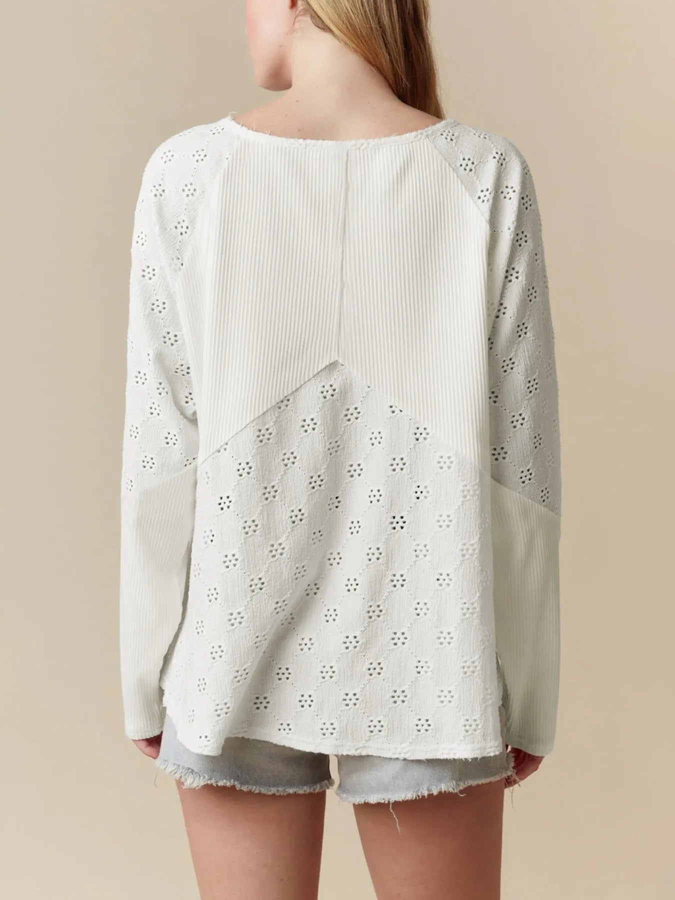 Sarah Express Women's Eyelet Embroidered Loose V Neck Long Sleeve Top