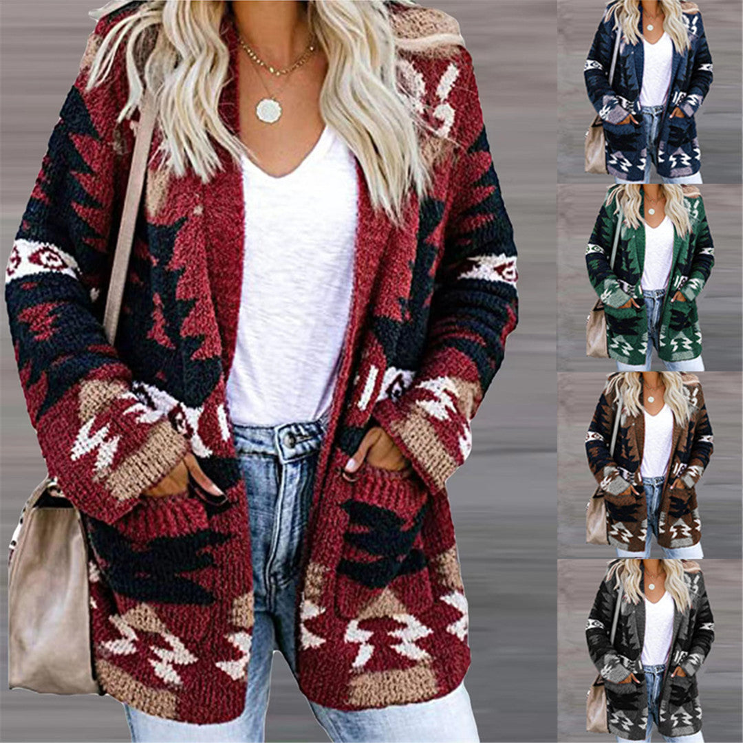 Sarah Express Women's Festive Printed Knit Cardigan Loose Fit Halloween Christmas Sweater