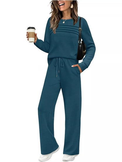 Sarah Express Women's Long Sleeve Round Neck Top and Pants Set Teal