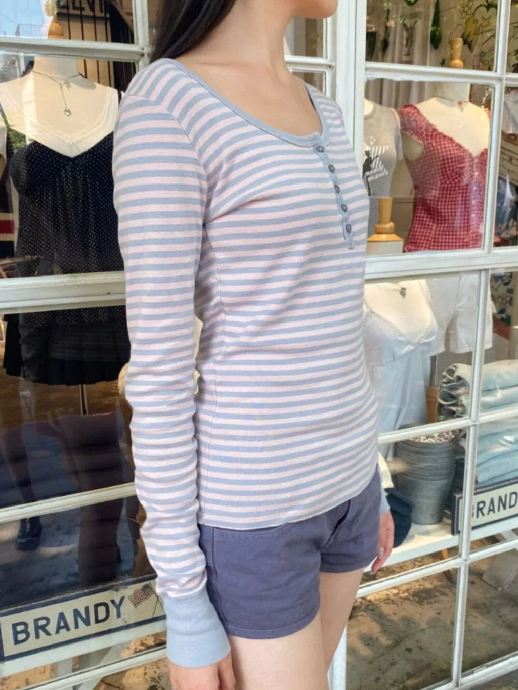 Sarah Express Women's Striped Long Sleeve Henley T-Shirt