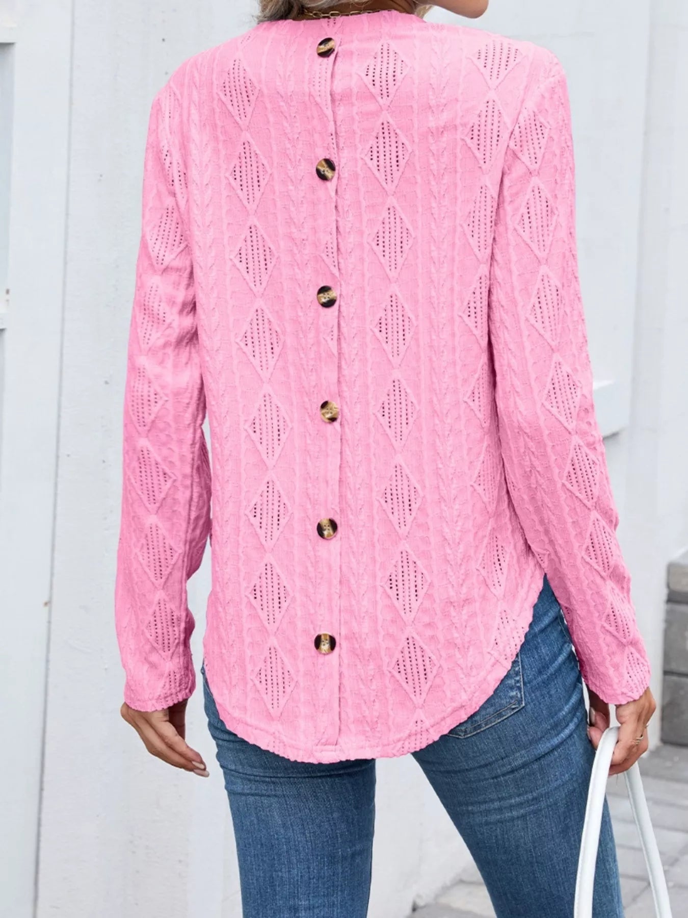 Sarah Express Women's Diamond Pattern Openwork Knit Long Sleeve Top