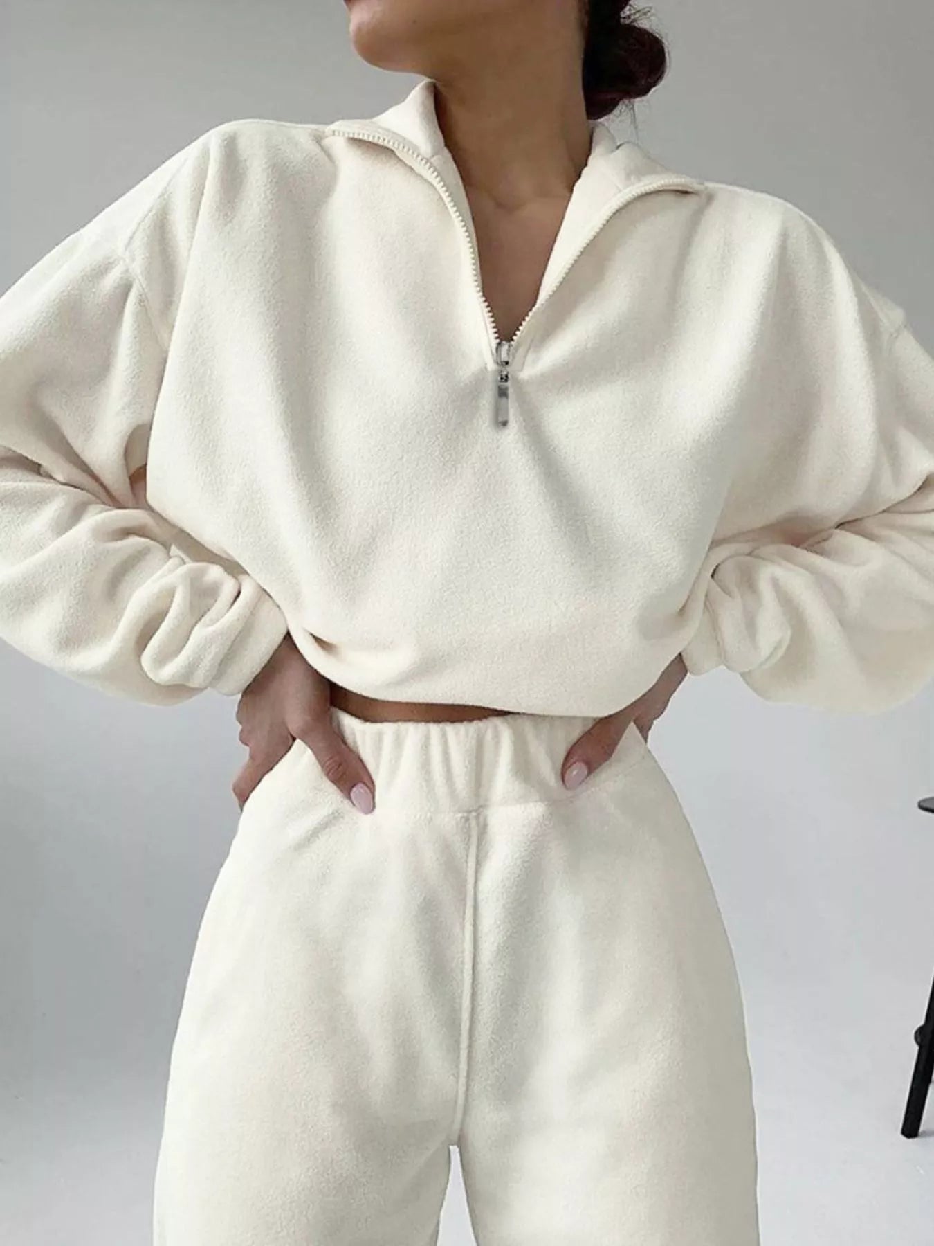 Sarah Express Women's Half Zip Sweatshirt and Pants Set Ivory