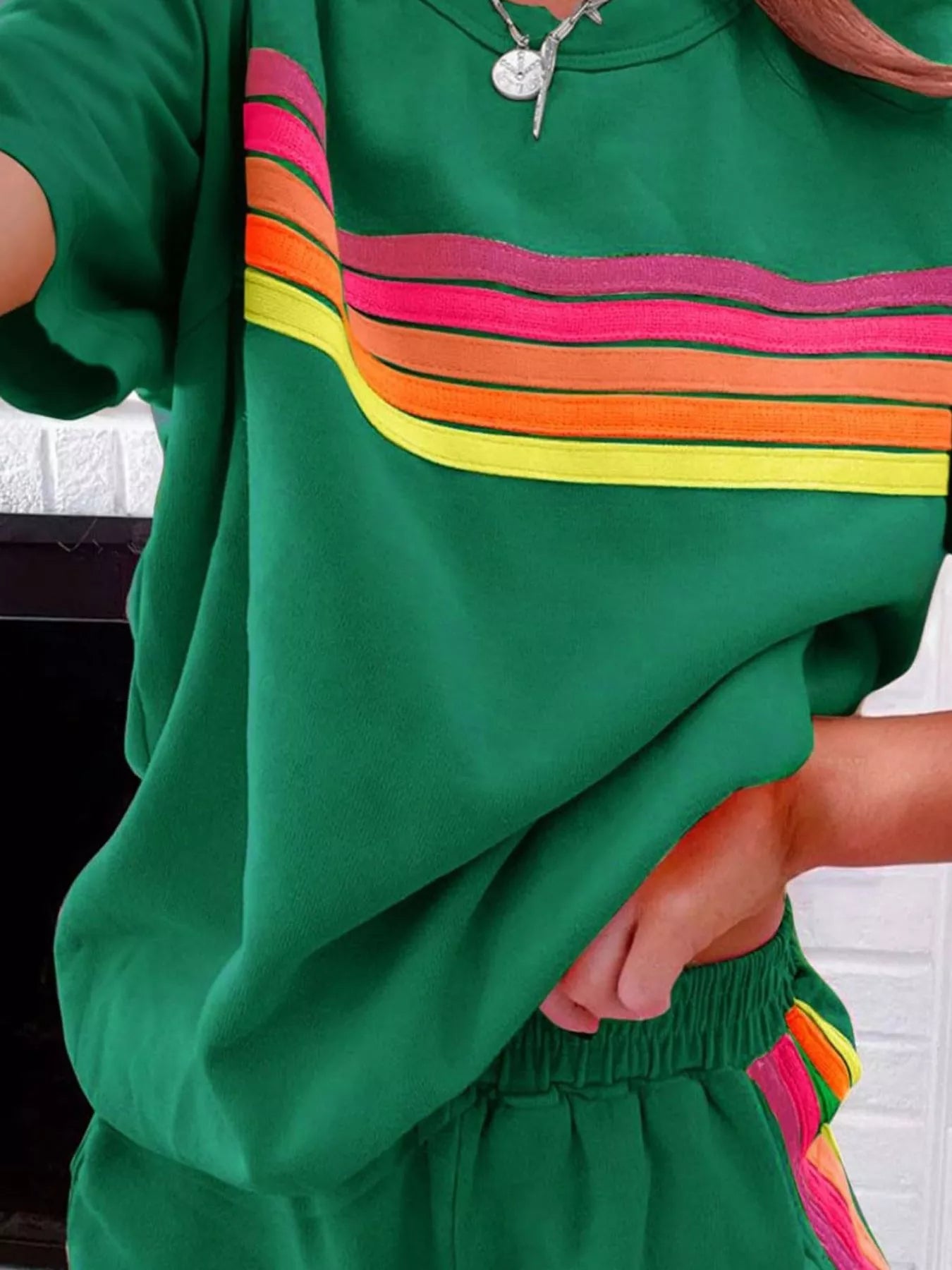 Sarah Express Women's Rainbow Striped Two Piece Set - Round Neck Top & Shorts Lounge Set