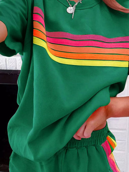 Sarah Express Women's Rainbow Striped Two Piece Set - Round Neck Top & Shorts Lounge Set