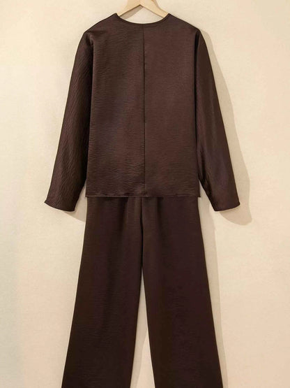 Sarah Express Women's Braided V-Neck Long Sleeve Top and Drawstring High Waist Pants Set