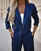 Striped Cropped Blazer Straight Pants Suit Set Long Sleeve Lapel Two-Piece