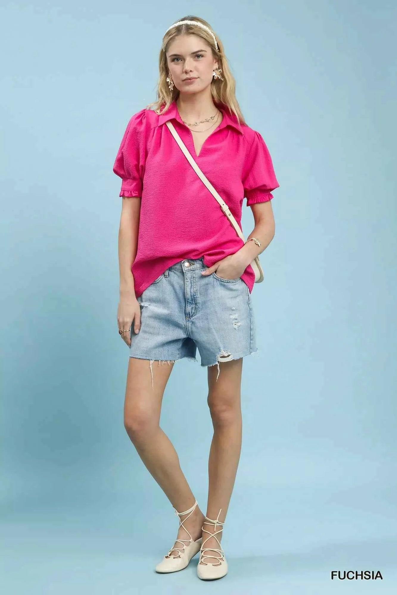 Sarah Express Women's Seersucker Puff Sleeve Blouse - Textured Split V-Neck Top