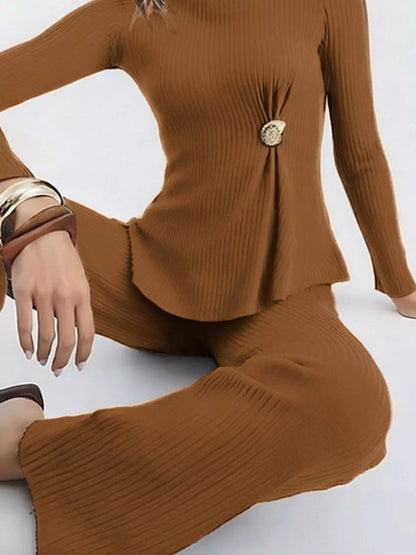 Sarah Express Women's Ribbed Knit Round Neck Top and Pants Sweater Set