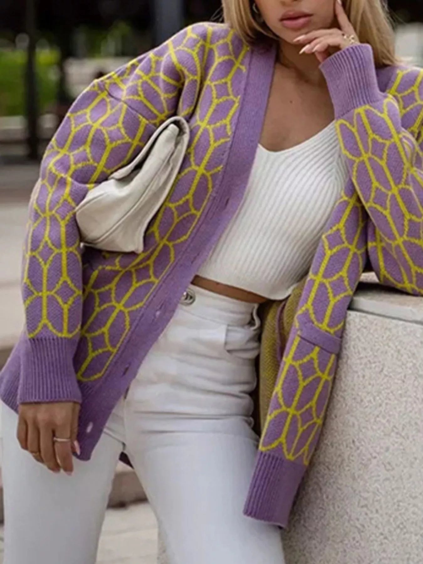 Sarah Express Women's Geometric Patterned Button-Down Cardigan - Cozy Knit Sweater