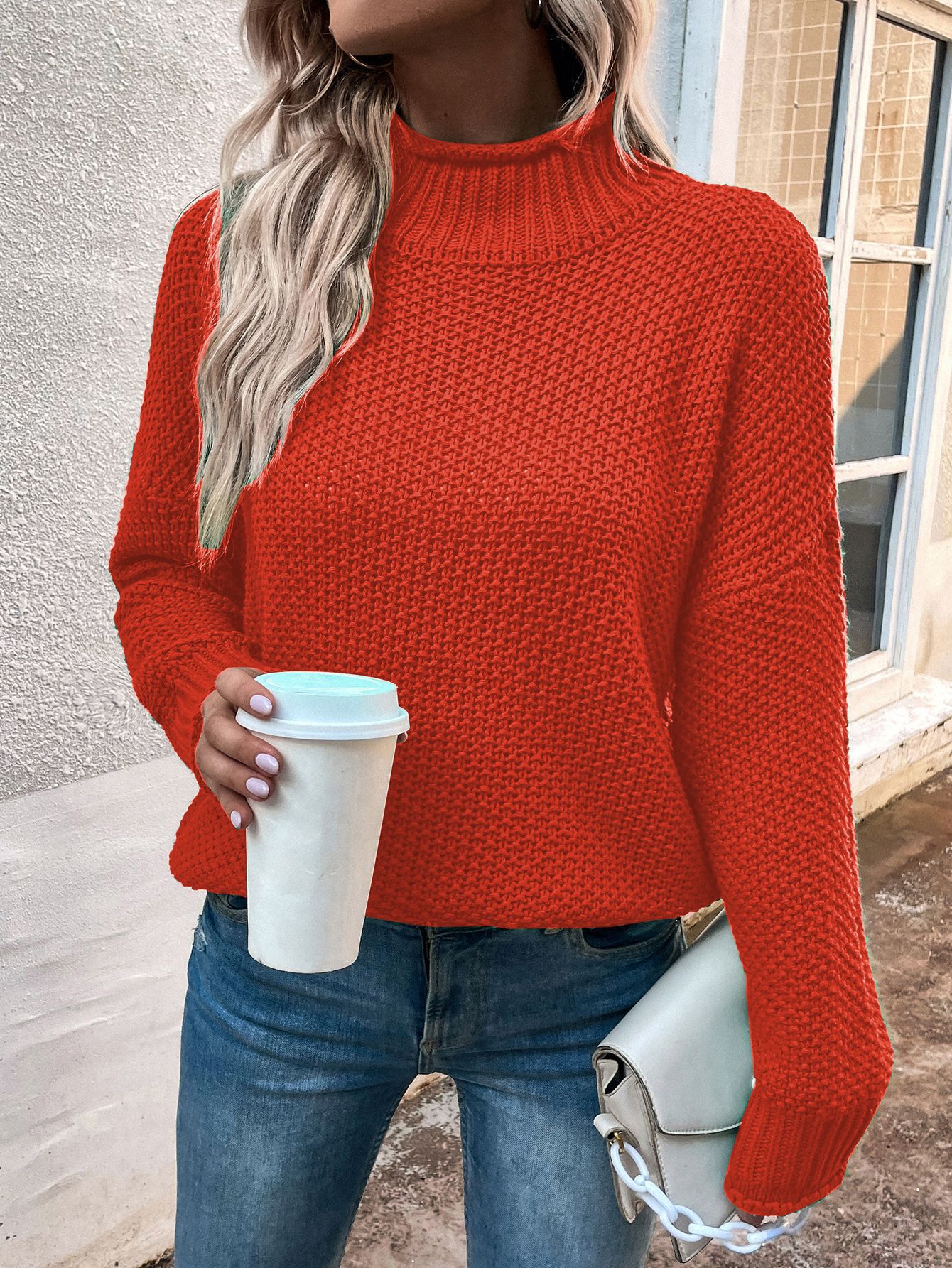 Sarah Express Solid Turtleneck Pullover Sweater Winter Fashion Casual Knitted Long-Sleeved Top Women's Clothing Orange Red