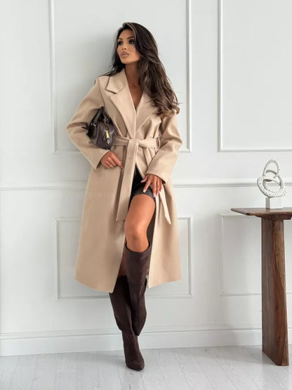 Sarah Express Women's Tie Waist Longline Coat Khaki