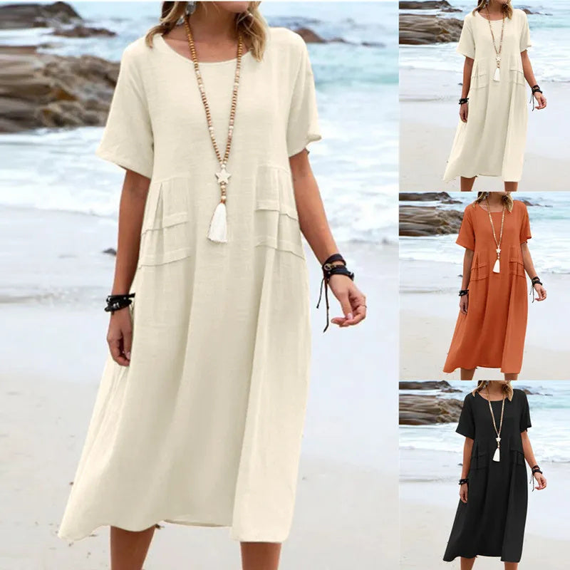 Sarah Express Women's Loose Casual Midi Dress Short Sleeve Summer Beach Cotton Linen Style
