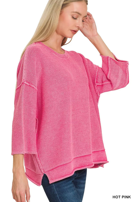 Sarah Express Women's Washed 3/4 Sleeve Boxy Sweater - Relaxed Fit Cotton Pullover