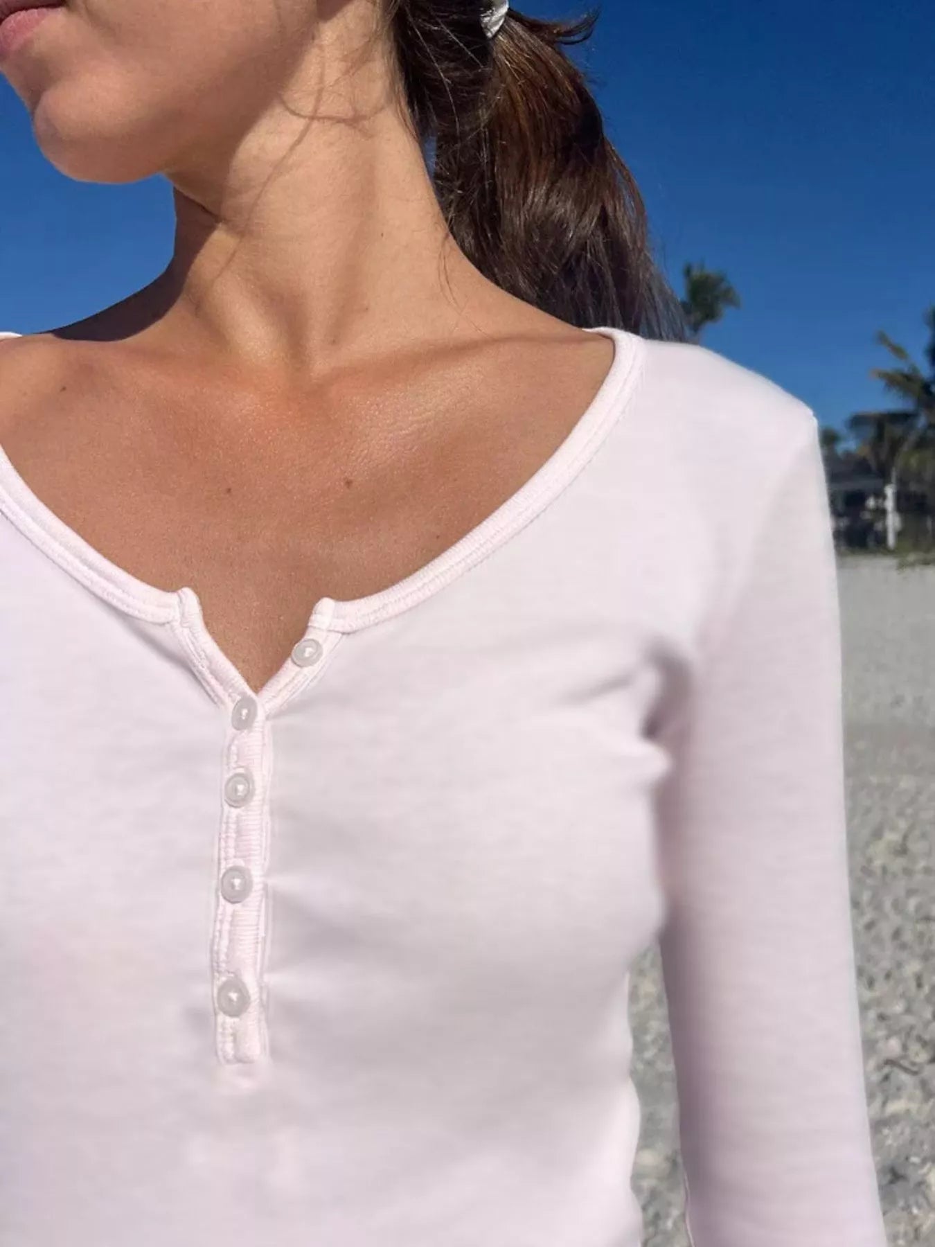 Sarah Express Women's Striped Long Sleeve Henley T-Shirt Pink