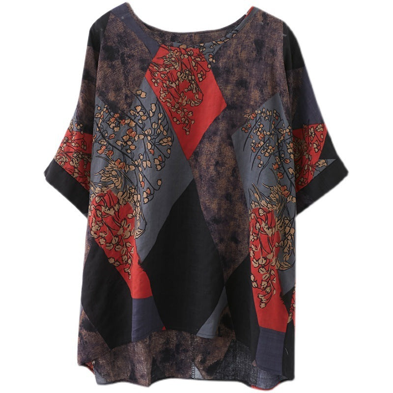 Sarah Express Women's Retro Print Round Neck T-Shirt Loose Fit Short Sleeve Cotton Blend Top