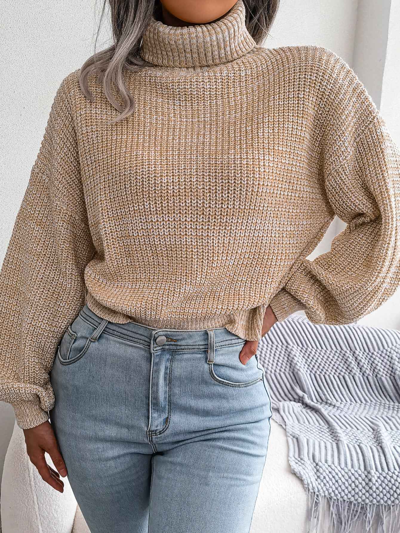 Sarah Express Women's Mixed Color Turtleneck Sweater - Lantern Sleeve Knit Pullover Apricot