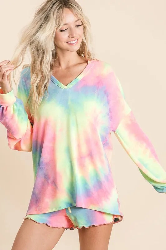 Sarah Express Women's Pastel Tie Dye V-Neck French Terry Sweatshirt with Balloon Sleeves