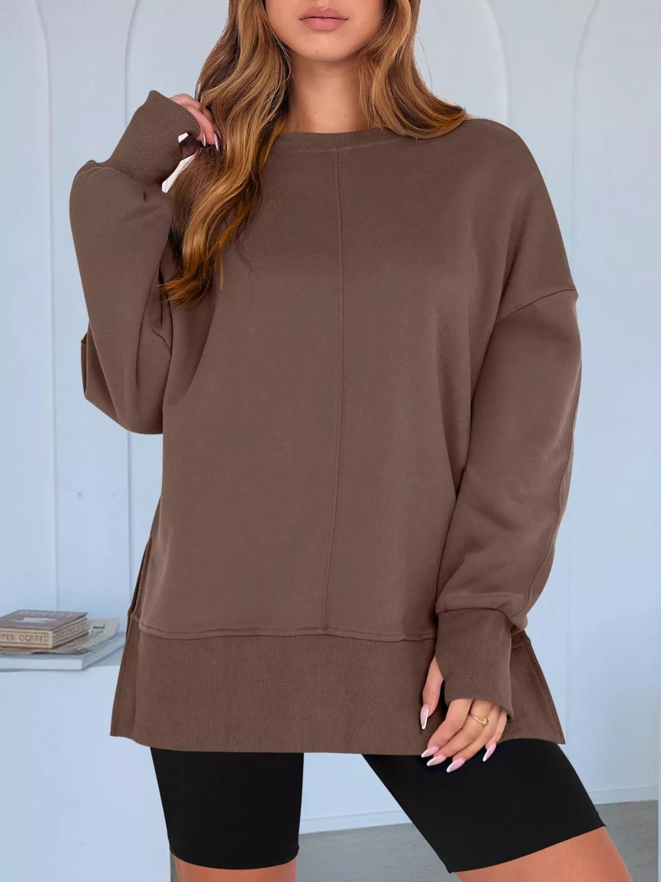 Sarah Express Women's Side Slit Round Neck Long Sleeve Sweatshirt