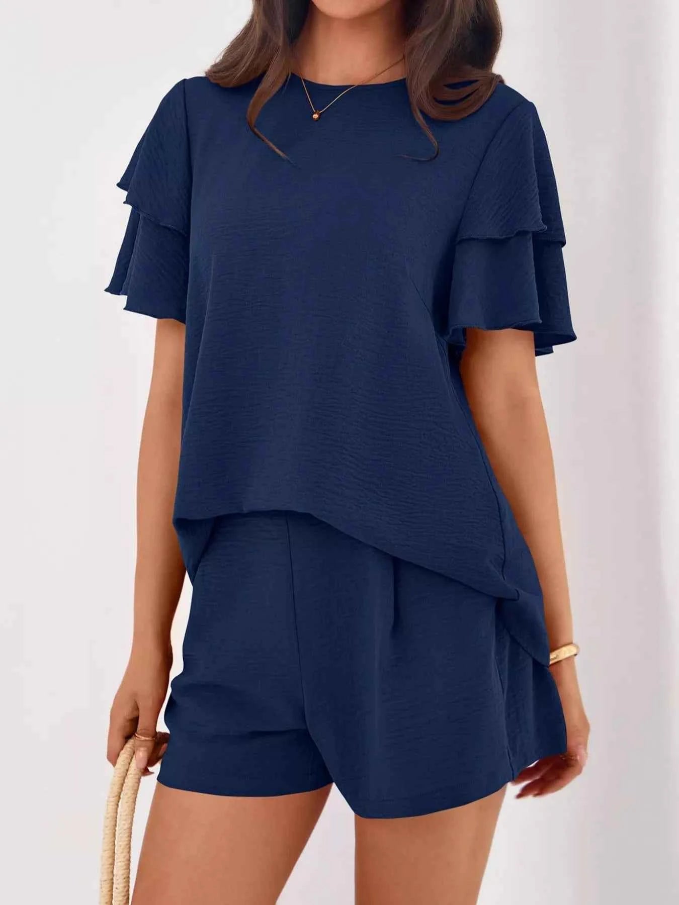 Sarah Express Women's Ruffle Sleeve Top and Shorts Two-Piece Set - Casual Summer Outfit