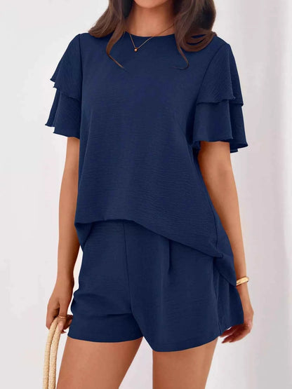 Sarah Express Women's Ruffle Sleeve Top and Shorts Two-Piece Set - Casual Summer Outfit