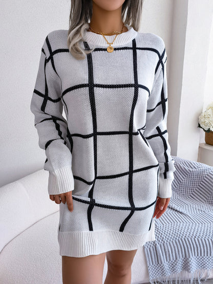 Sarah Express Women's Color Block Plaid Sweater Dress Long Sleeve Casual Knit Dress White