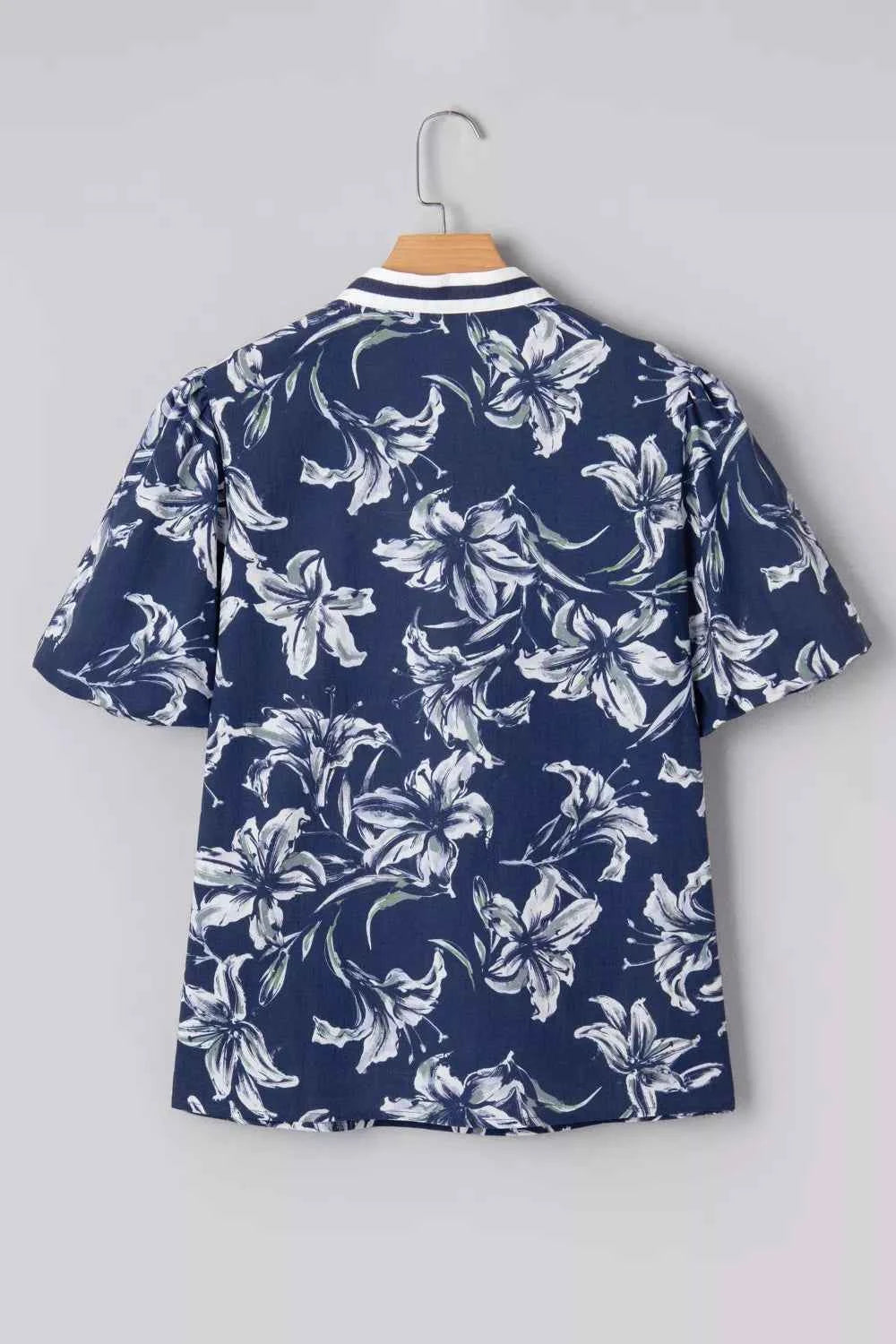 Sarah Express Women's Floral Print Puff Sleeve V-Neck Blouse with Striped Trim