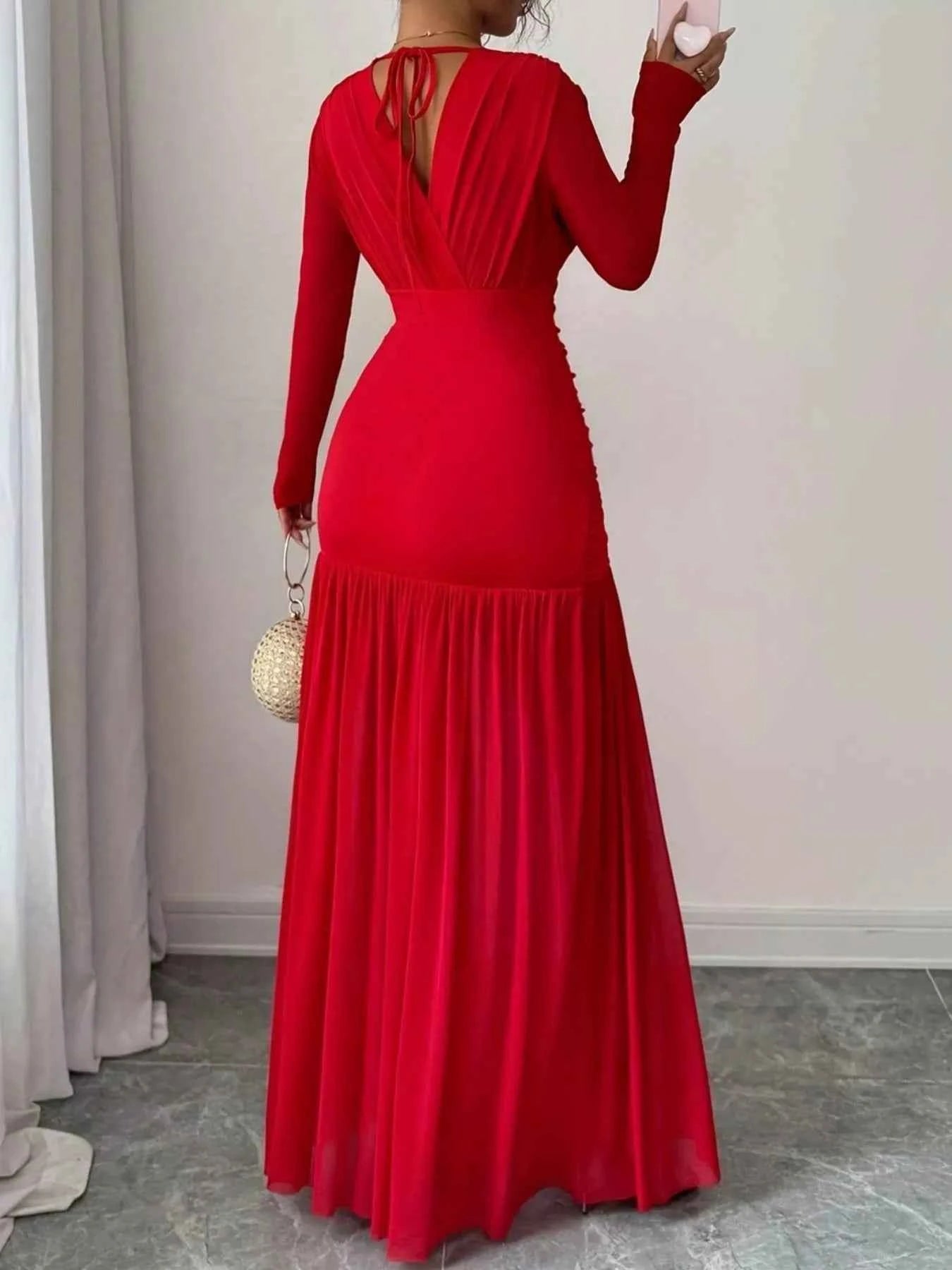 Sarah Express Women's Ruched Surplice Long Sleeve Maxi Dress - Elegant Tie Detail