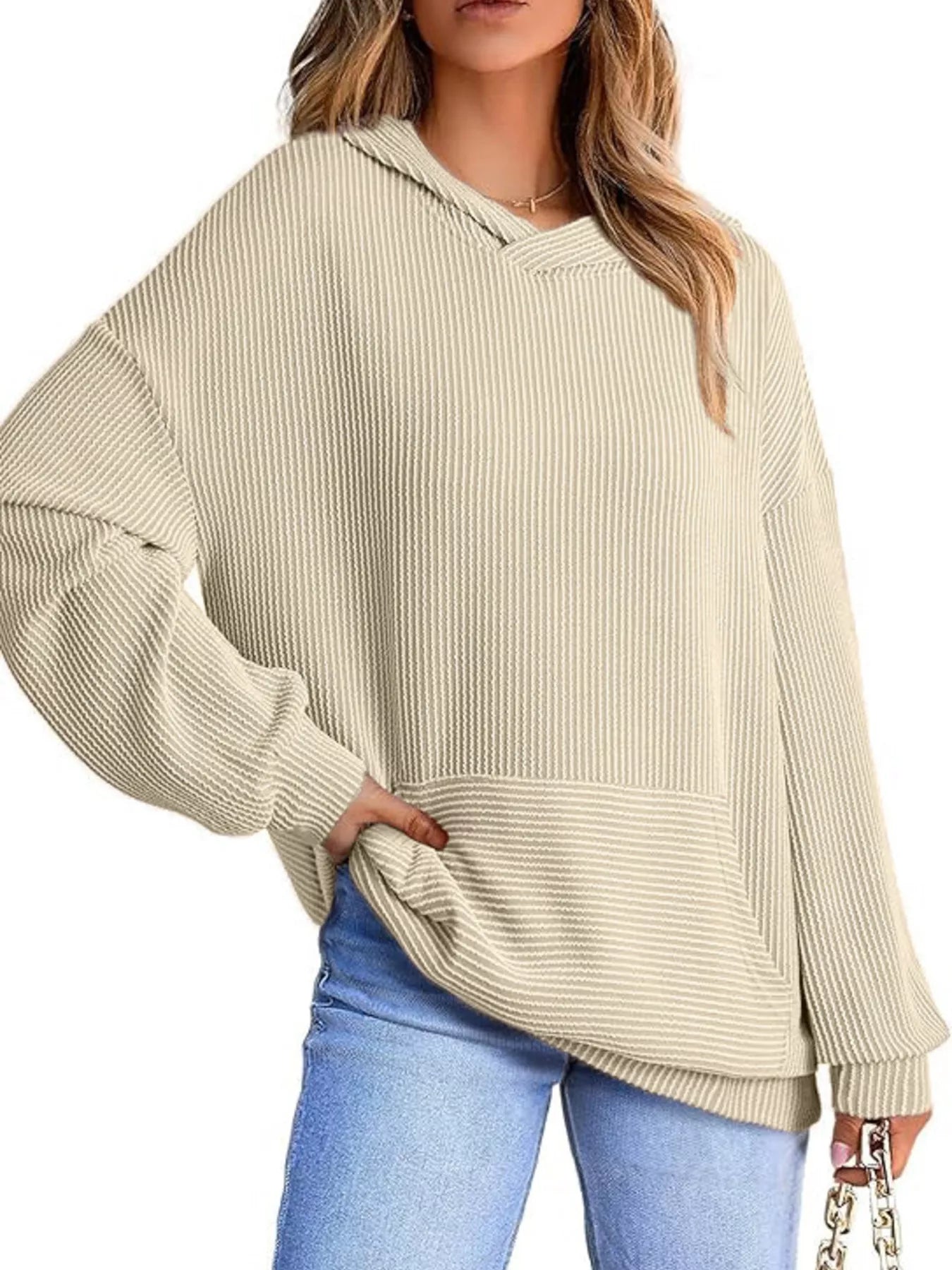 Sarah Express Women's Ribbed Oversized Hoodie Sweatshirt with Pocket