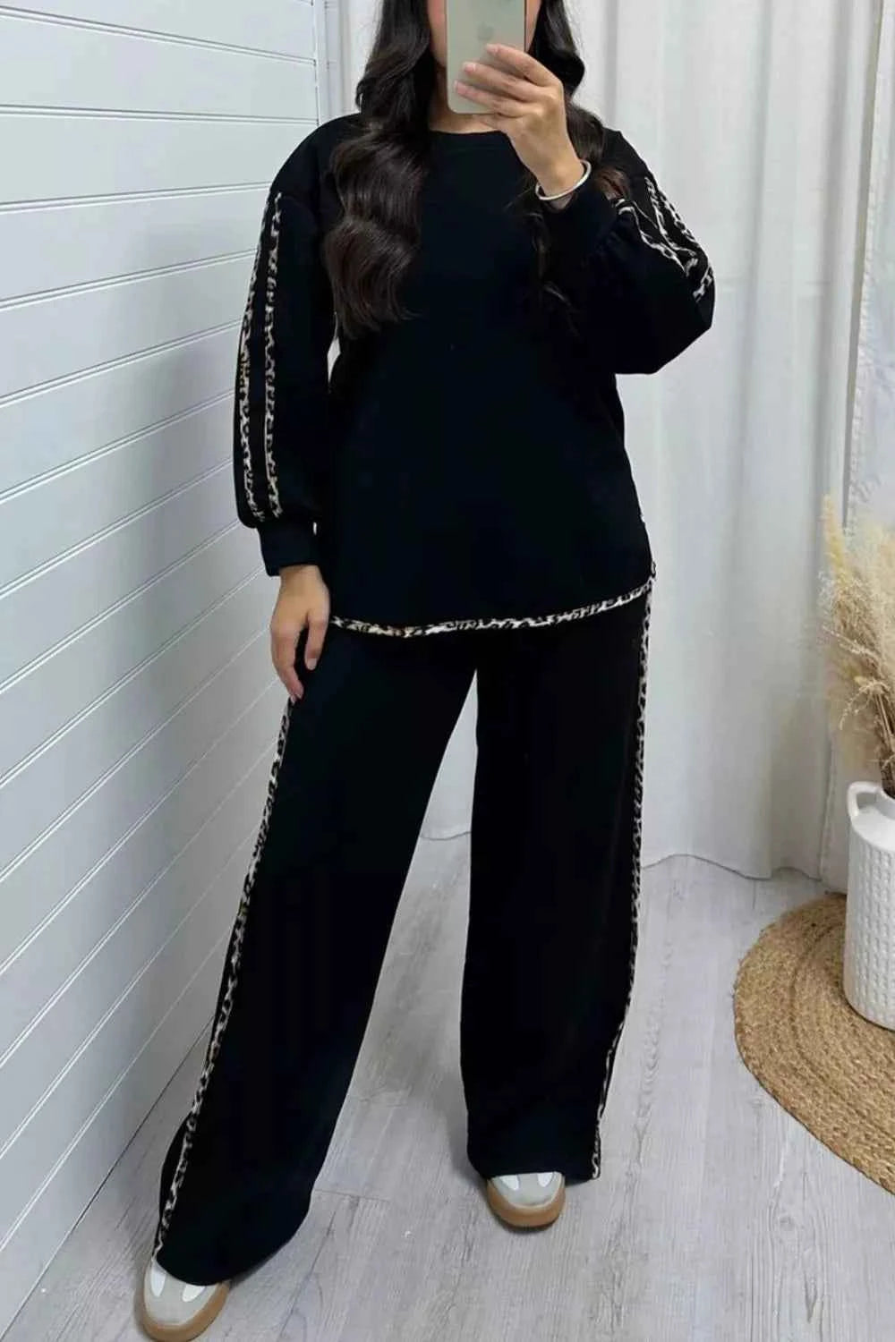 Sarah Express Women's Leopard Trim Two-Piece Set - Round Neck Top and Pants