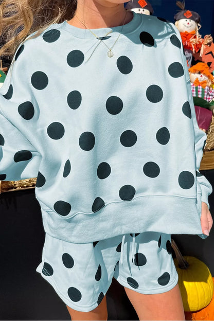 Sarah Express Women's Polka Dot Print Drop Shoulder Pullover Drawstring Shorts Set Light Blue