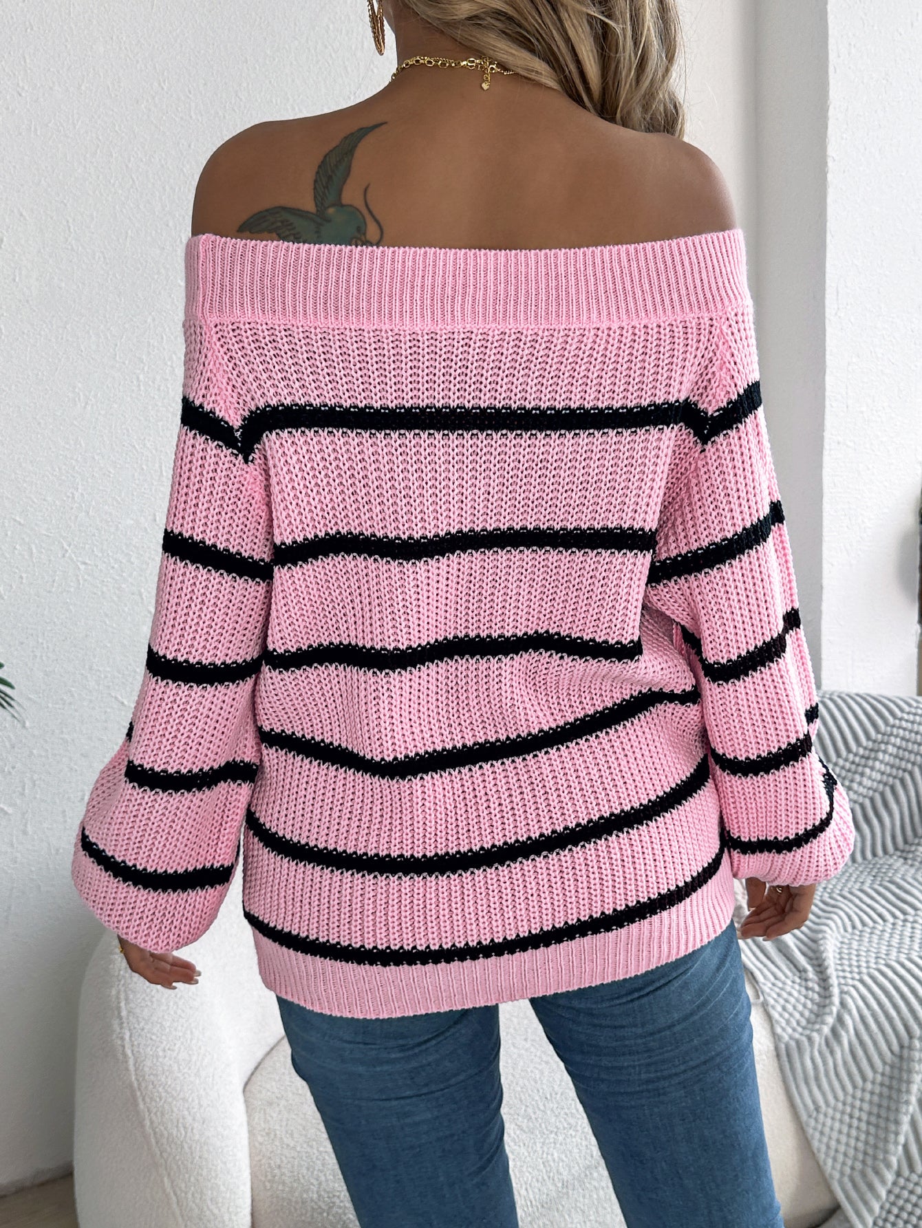 Sarah Express Women's Striped Off-Shoulder Lantern Sleeve Pullover Sweater