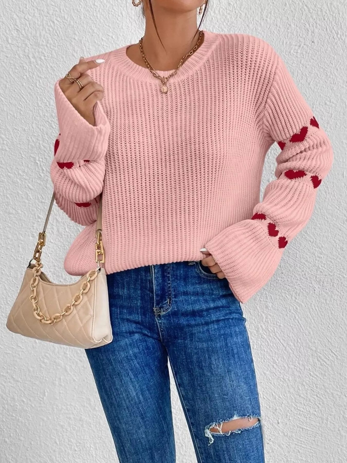 Sarah Express Women's Heart Pattern Round Neck Sweater