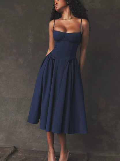 Sarah Express Women's Sweetheart Neck Midi Cami Dress - Elegant Party & Wedding Guest Dress Dark Blue