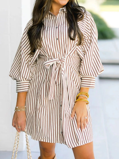 Sarah Express Women's Striped Tie Waist Shirt Dress Stripe