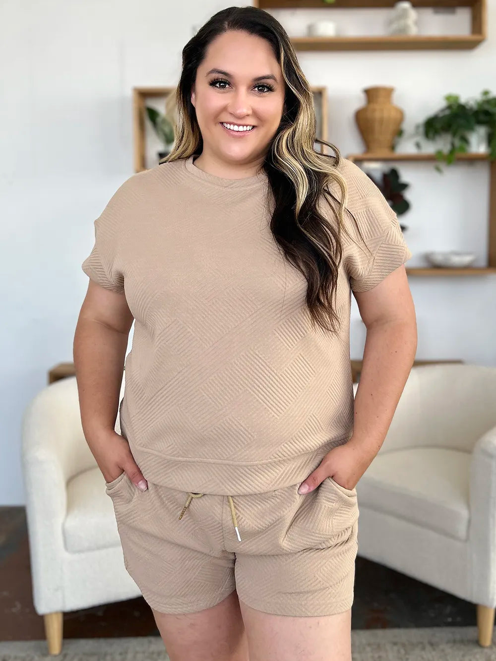 Sarah Express Women's Textured Short Sleeve T-Shirt and Drawstring Shorts Set