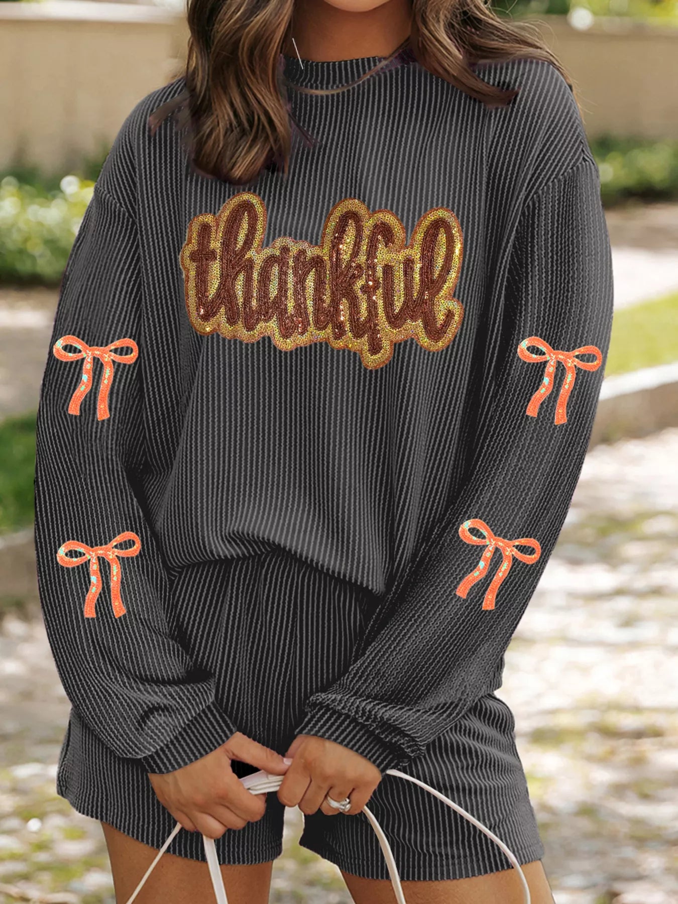 Sarah Express Women's Thankful Letter Patched Sequin Bow Sleeve Twisted Ribbed Top and Short Set Dark Gray