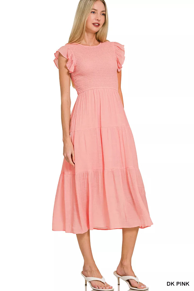 Sarah Express Women's Woven Smocked Ruffle Sleeve Midi Dress