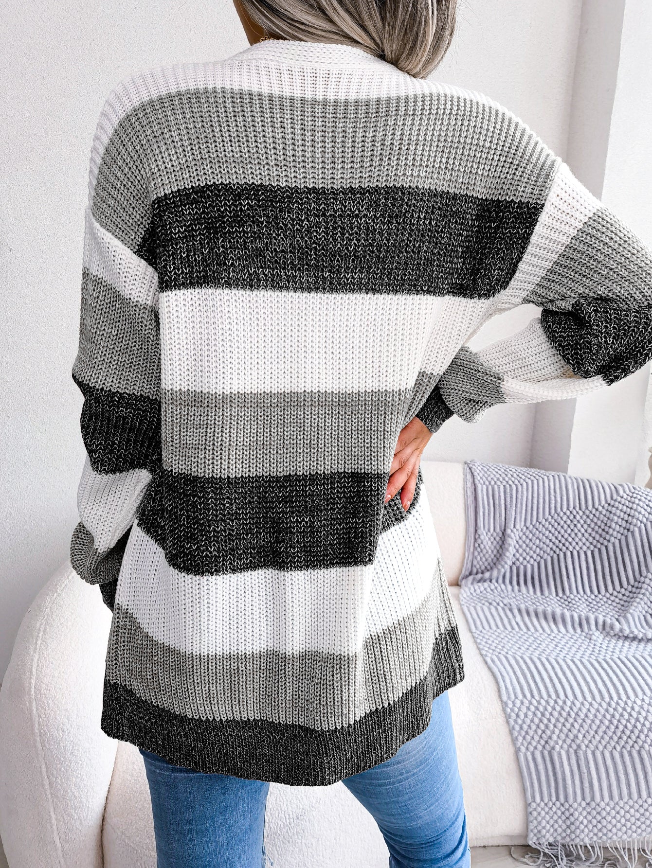 Sarah Express Women's Color Block Stripe Cardigan Sweater - Lantern Sleeve Open Front Knit Coat