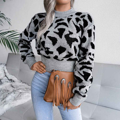 Sarah Express Women's Leopard Print Cropped Sweater - Cinched Knit Long Sleeve Top Gray