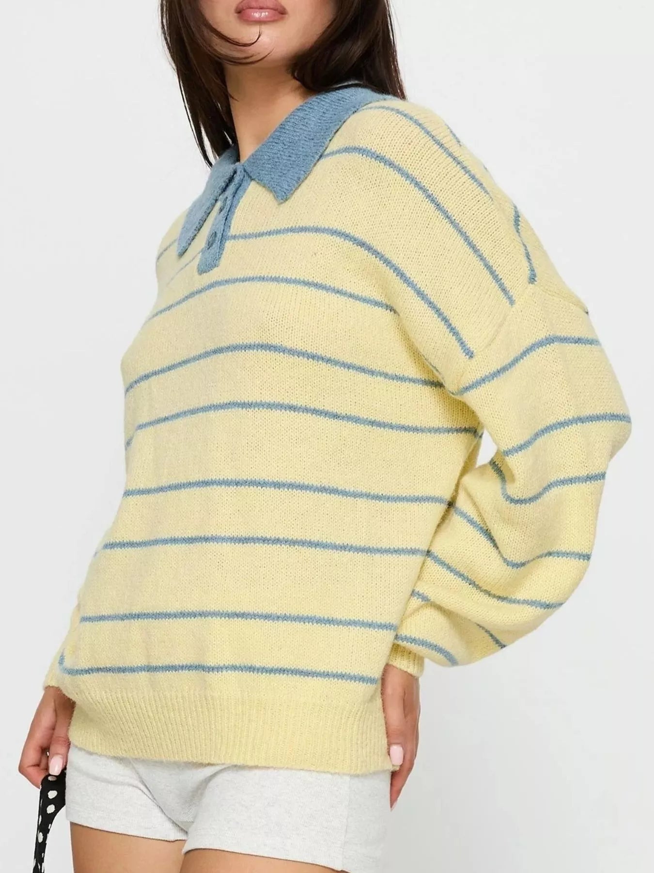 Sarah Express Women's Striped Polo Collar Long Sleeve Sweater