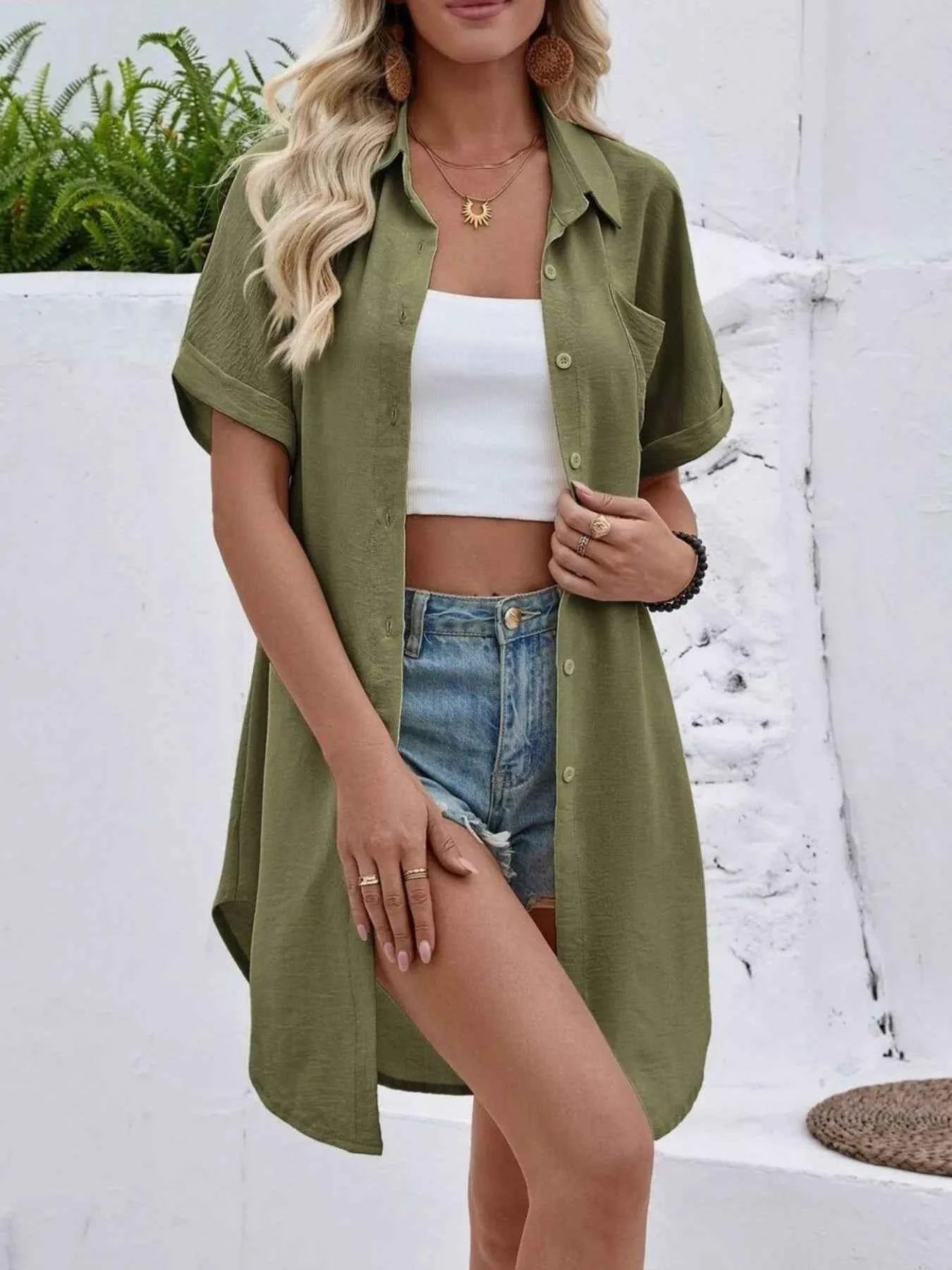 Sarah Express Women's Relaxed Fit Button-Down Longline Shirt - Oversized Casual Blouse