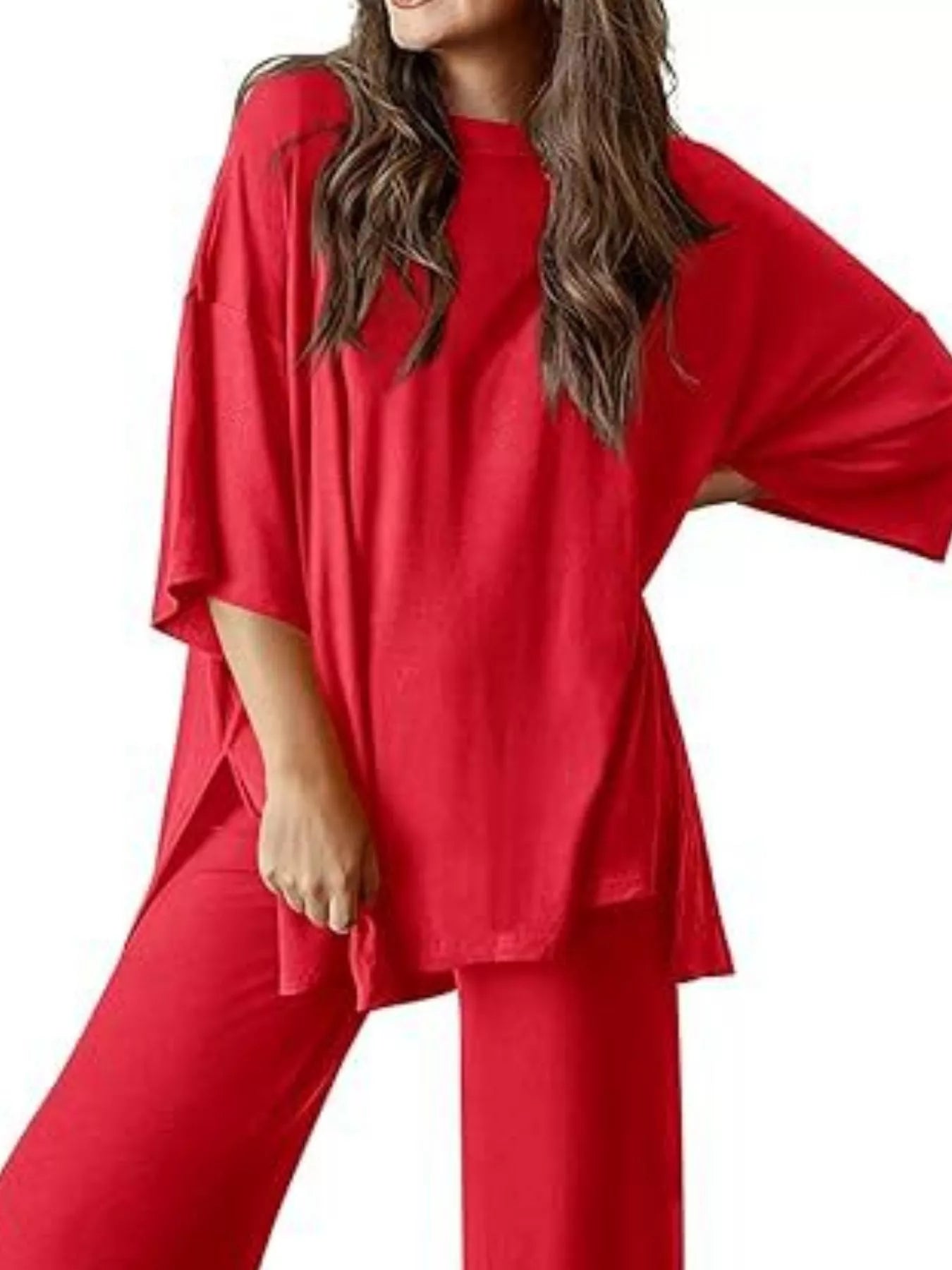 Sarah Express Relaxed Fit Round Neck Top and Pants Two-Piece Lounge Set Red