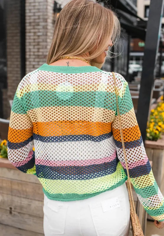 Sarah Express Women's Openwork Contrast Striped Round Neck Knit Top