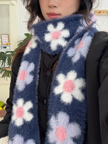 Sarah Express Women's Floral Fuzzy Knit Scarf - Soft Faux Mink Winter Scarf