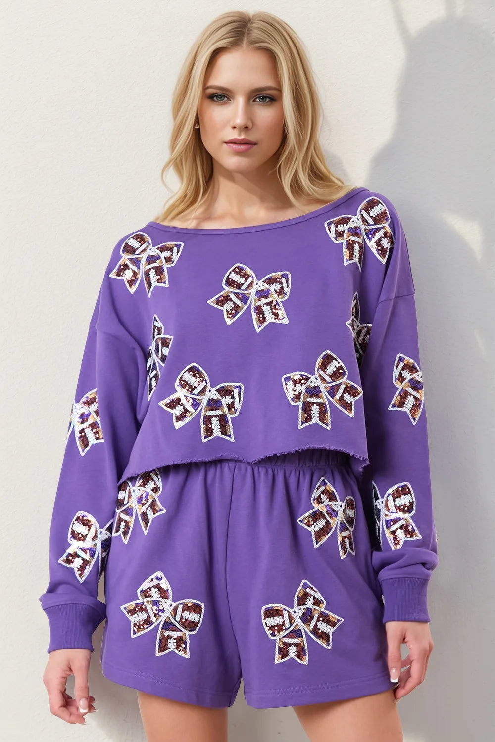 Sarah Express Women's Sequin Bow Cropped Top and Shorts Set Lavender